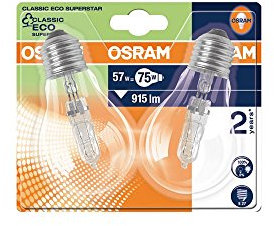 Osram Classic A Halogen-Lampe, E27-Sockel, dimmbar, 57 Watt - Ersatz für 75 Watt, Warmweiß - 2800K, 2er-Pack