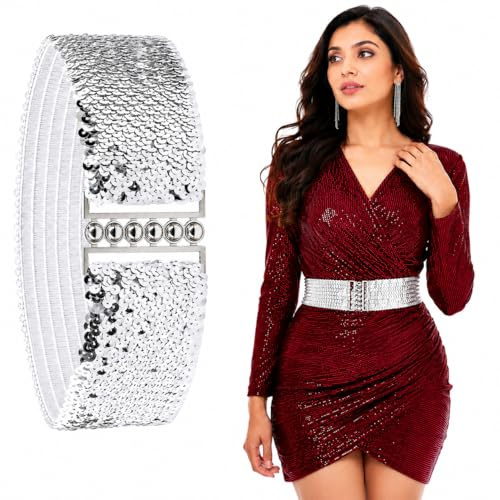 Trimming Shop 52cm Silver Glitter Sequin Adjustable - 70mm Wide Elasticated Stretch Waistband with Stylish Hook Fastening Buckle - Western Outfits Belt for Women