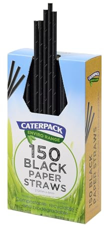 Caterpack Enviro Range Paper Straws Black 150 Pack, 210 x 6mm, Fully Recyclable, Biodegradable and compostable. Strong & Sustainable.