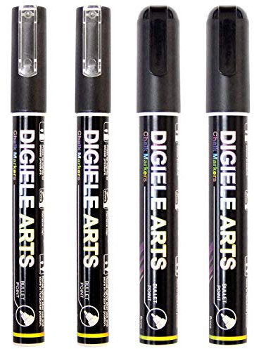 DIGIELE Black Chalk Marker, 2pcs 3mm & 6mm Liquid Chalk Pens for Whiteboard, Window, Glass & Mirror, Dry or Wet Wipe Erase, Reversible Bullet & Chisel Tip