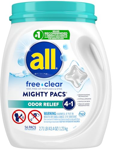All Mighty Pacs Laundry Detergent, Free Clear Odor Relief, Tub, 56 Count