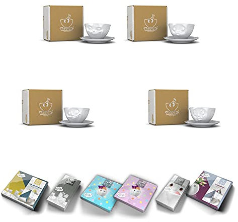 FIFTYEIGHT PRODUCTS 4 x Tasse by 200 ml - grinsend + küssend + glücklich + och bitte + Servietten - Kaffeetassen 2-tlg. weiß