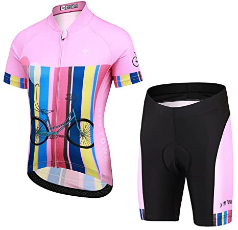 Amur Leopard Mädchen Radsport Fahrrad Trikot Jungen Radhose mit Polster Radtrikot Kinder Sport Shirt + Kurze Fahrradhose, Rosa(Radtrikot-Set), M