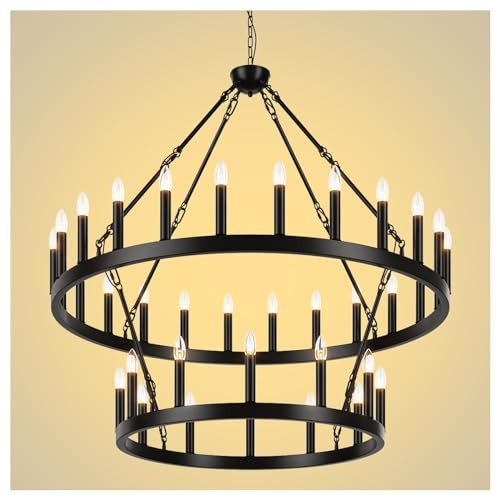 Yikrfiae 2 Tier Black Large Wagon Wheel Chandelier, 36-Lights 48 Inch Farmhouse Pendant Light Fixture, Round Rustic Hanging Lighting for Dining Room Kitchen Island Foyer Entryway