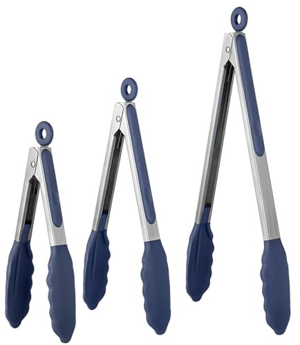 U-Taste 315℃ Heat Resistant Kitchen Tongs Set of 3, 18/8 Stainless Steel Grill Food Tongs with Non-Stick Silicone Tips & Handles for Cooking, BBQ, 18/23/30 cm (Midnight Blue)