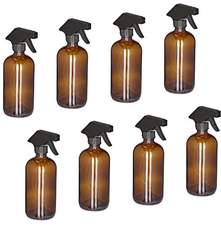 Relaxdays Sprühflasche Glas, 8er Set, 500 ml, Nebel & Strahl, Spritzflasche für Haarpflege, Reinigung & Pflanzen, braun