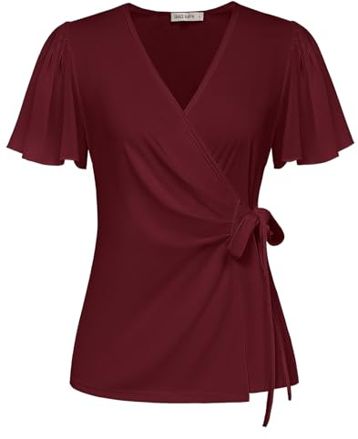 GRACE KARIN Blusa de Mujer de Verano Ligera de Gasa, de Manga Corta, Elegante, con Escote Envolvente, Transpirable, Adecuada para Tiempo Libre y Vacaciones, Color Rojo Vino, Talla XXL.