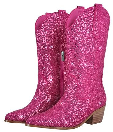 blingqueen Cowboy Stiefel Damen Glitzer Boots Westernstiefel Gestapelter Blockabsatz Pink 39 EU