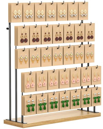 THYGIFTREE Jewelry Display Stand with 35 Hooks, 5 Tiers Earring Display Rack, Jewelry Tower for Sale, Necklaces, Earring Cards, Bracelets, Hair Accessories (Original Wood Color)