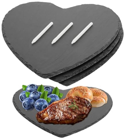 ZOFUN 3 placas de pizarra para servir, 25 x 25 cm, de corazón de pizarra, corazón de pizarra, posavasos de pizarra para servir, etiquetar, corazones de pizarra para buffet, sushi y queso