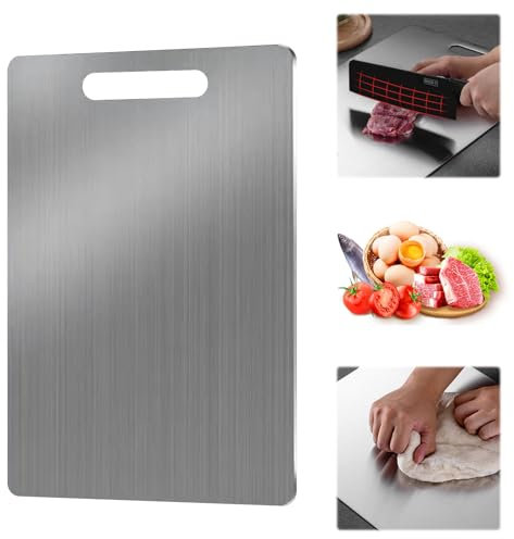 NEERIX Tagliere in acciaio inox, doppio lato per alimenti, tagliere in titanio, adatto anche come taglierina per pasta, da forno, da cucina, 34 x 23 cm