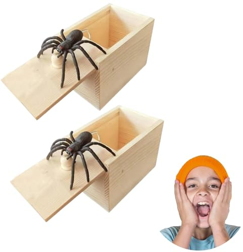GUTERTOP 2PCS Spinne In Streich-Box, Gummispinne Holz, Scherzartikel für Halloween, Spider Scare für Kinder Erwachsene Party Favors