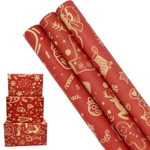 Rouleaux de papier cadeau Rouge, 3 rouleaux de 43 cm x 3 mètres en papier kraft pour Noël, adaptés pour Noël, anniversaire, fête, mariage, fête prénatale, décorations de cadeaux de festival