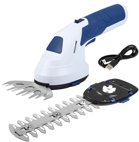 2 en 1 cortasetos inalámbricos, 7,4 V, tamaño seto eléctrico con 2000 mAh, batería y cargador, hoja larga 17,5 cm, hoja corta de 10,5 cm, para jardín, césped, arbustos, césped