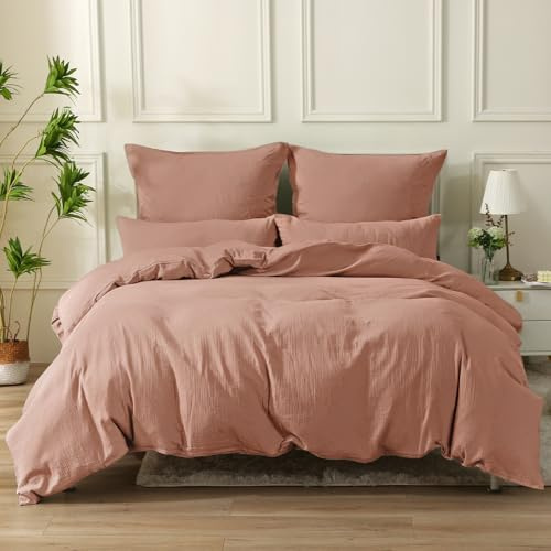 SOULFUL Doppelte Muslin Bettwäsche 135x200 Baumwolle, Bettwäsche-Sets 1er Set Bettbezug mit 1 Kissenbezüge 80x80 cm, ÖKO-TEX Bettwäsche Grapefruit mit Reißverschluss