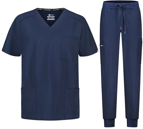 B-well MATTEO Divisa Sanitaria Uomo Elastica | Uniforme Sanitaria Uomo | Set con Casacca e Pantalone Jogger |Divise Sanitarie Uomo con Spandex, Blu, 4XL