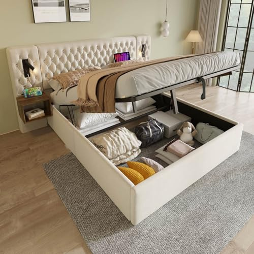 KOMHTOM Lit Rembourré Hydraulique avec 2 Tables de Nuit et Lampe, Lit Double avec Sommier à Lattes en Bois, Ensemble lit Chambre à Coucher Complet(sans Matelas) (Beige-B, 180×200cm)