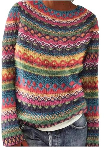 YONGLSP Norwegian Sweater Women, Women's Knitted Print Retro Sweater Crewneck Long Sleeve, Autumn and Winter Casual Loose Knit Jacquard Sweater (Rose Red,L)