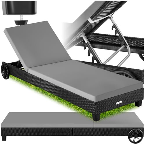 tectake® Rattan Sonnenliege, Gartenliege wetterfest mit Rollen und Verstellbarer Rückenlehne, Liegestuhl, Strandliege für Garten, Sonneninsel für Balkon, Relaxliege für Pool Lounge (schwarz)
