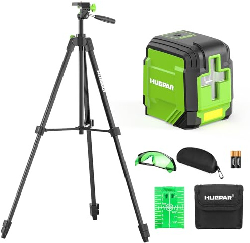 Huepar GK011DG Livella Laser Autolivellante con Treppiede 1,52 m, Laser Verde a Croce Orizzontale 110° e Verticale 110°, IP54, Borsa, Occhiali e 2 Pile AA, 30m Livella Laser per Casa, Appendere Quadri