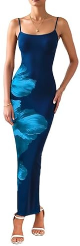 Sukiglam Mujer Vestido Largo Sexy sin Mangas Cuello Cuadrado Vestidos de Tirantes Elegante Estampado Floral Vestido Ajustado Verano Casual Bodycon Maxi Vestidos de Fiesta Cóctel Invitada Boda Club