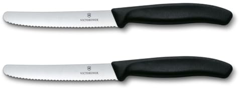Victorinox Swiss Classic, Frühstücksmesser, Brötchenmesser Set 2teilig, Scharfe Klinge, Wellenschliff, 11 cm, Rostfreier Stahl, Schwarz