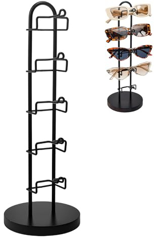 FuxFuis Espositore Occhiali da Sole 5 Strati, Supporto per Occhiali in Metallo + Legno, Portaocchiali Multipli da Tavolo con Adesivi Bifacciali, Organizer Occhiale da Appendere per Casa, Ufficio