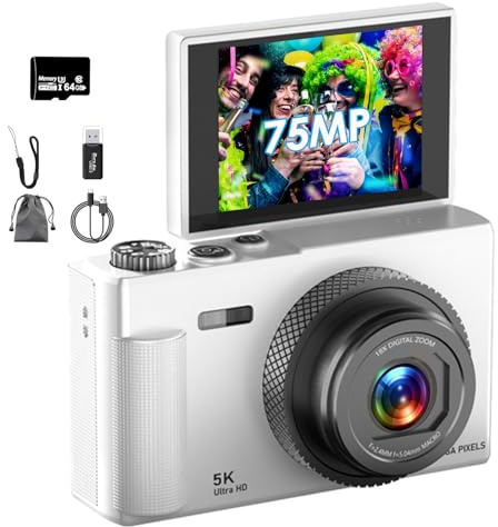Appareil Photo Numérique, UHD 5K​​ 75MP Digital Camera avec Carte Micro SD 64 Go, Écran Rotatif à 180° de 2,83'', Zoom 18X, Anti-Shake, Appareil Photo Compact pour Enfants Adultes ​​Débutants​ (Blanc)