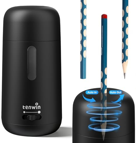 tenwin Sacapuntas eléctrico totalmente automático, afila rápidamente lápices y lápices de colores de 7 a 8 mm, recargable y portátil, ideal para el hogar, la escuela o la oficina (negro)