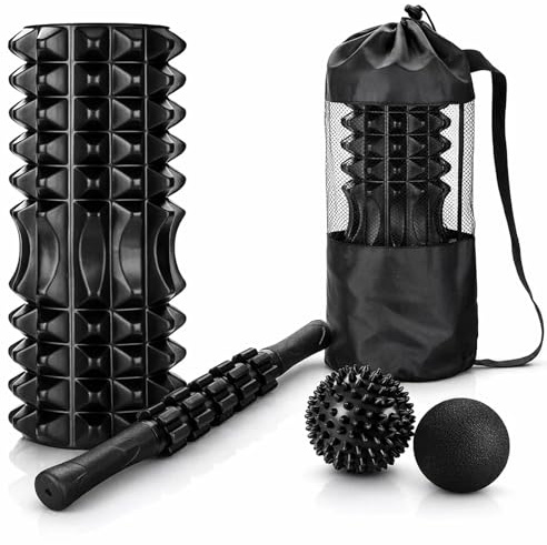 4-in-1 Deep Tissue Foam Roller Set Muscle Recovery Kit with Massage Stick & 2 Trigger Point Balls | Foam Roller for Back Pain, Yoga, Pilates, Post-Workout Soreness Relief – Black