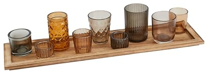 Wood Tray with 9 Brown Glass Votive Holders (Set of 10 Pieces)