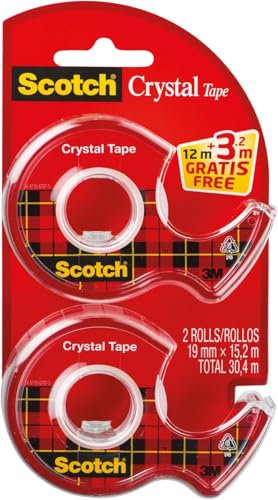 Scotch Crystal Klebeband, 2 Rollen auf Abrollern + 3.2 m GRATIS - Allzweck-klebeband für die Reparatur, Verschließen von Dokumenten