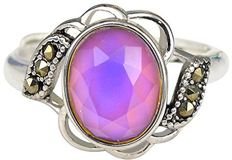 FUN JEWELS - Stimmungsring mit oval facetten geschliffenem Stein - Farbwechsel je nach Stimmung - Vintage-Stil - Blütenform - Messing