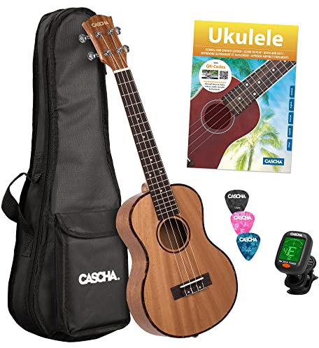 Cascha Tenor Ukulele Set Kinder Erwachsene I Ukulele Starter Kit 3 Plektren Tasche deutsches Lehrbuch Stimmgerät I Tenor Ukulele Mahagoni I Kleine Hawaii Gitarre für Anfänger Fortgeschrittene