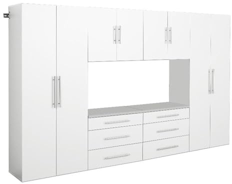 Prepac HangUps 120” Wide Wall Mount Storage Cabinet Set, Has 2-72” Tall, 2-24” Tall Cabinets & 2-24” Tall 3-Drawer Units for Garage, Bathroom, Kitchen, or Laundry, Set I, 120”W x 72”H x 16”D, White