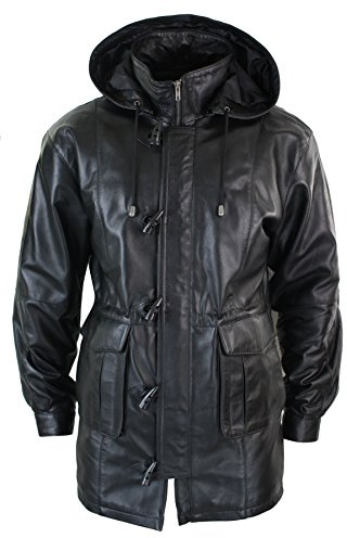 TruClothing Mens 3/4 Long Real Leather Duffle Jacket Coat Safari Detachable Hood Classic Black