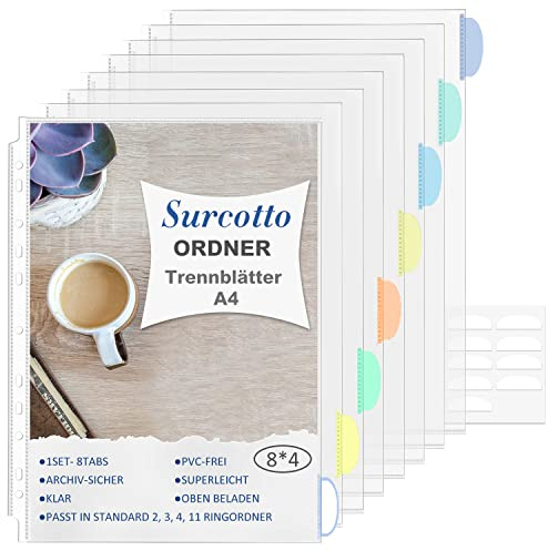 Surcotto Register para carpetas A4, 32 hojas, láminas transparentes con pestañas A4, fundas transparentes para folletos, 11 orificios, diseños de carga superior, inserto
