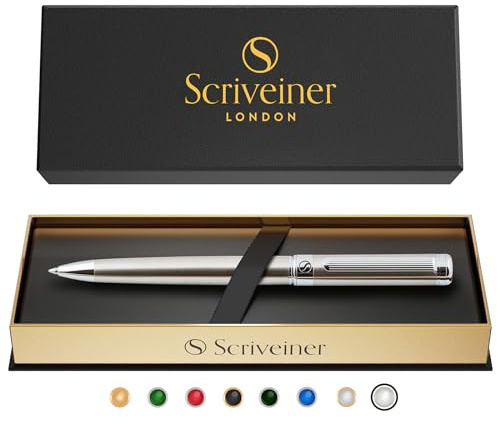 Scriveiner Stainless Steel Ballpoint - Stunning Luxury Pen with Stainless Steel Finish, Schmidt Black Refill, Best Ball Pen Gift Set for Men & Women, Professional, Executive, Office, Nice Pens
