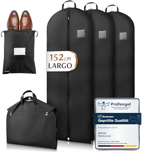 Bruce.® 3x Kleidersack Lang 152x60 cm inkl. 1x Schuhbeutel – Atmungsaktive Kleiderhülle für Mantel, Kleid & Kostüm – 120 GSM Materialstärke – Kleiderschutzhülle für Aufbewahrung & Reise