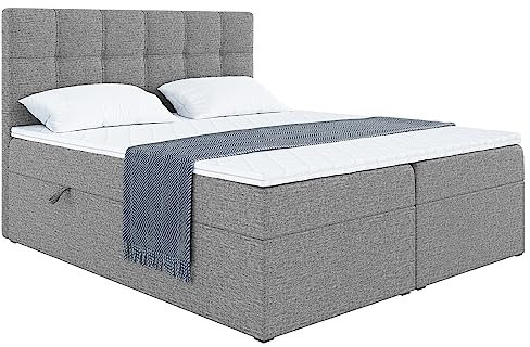 MEBLINI Boxspringbett mit Bettkasten - Gepolstert Doppelbett mit Matratze und Topper - Polsterbett mit Stauraum - Bett mit Kopfteil - Stauraumbett - NILS - 180x200 - H3/Grau Webstoff