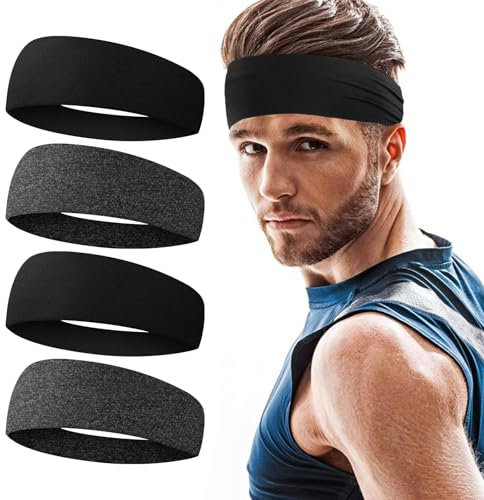 URAQT Sport Haarband, 4 Stück Stirnband Damen und Herren, Schwarz Schweißband Stirn Sommer, Double Sided Feuchtigkeit Wicking Rutschfest Headband, Haarbänder für Yoga, Laufen, Radfahren, Basketball