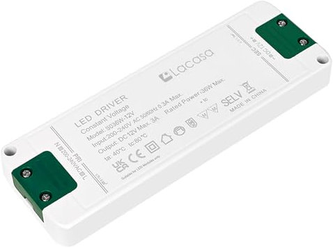 Lacasa 12V 3A LED Trafo Transformator, 1-36W Netzteil Treiber 230V auf 12V, Kein Flimmern Konstante Spannung Niedervolttrafo Adapter für Streifen, MR16 GU5.3 MR11 G4 Lampen Halogen