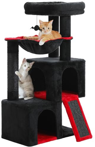PETEPELA Kratzbaum 104cm Katzenbaum mit 2 geräumigen Höhle für Wohnungskatzen, Katzenhaus mit bequemer Hängematte, gepolsterter Sitzstange, Kratzpad und abziehbarer Spielball Schwarz