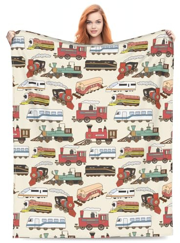 ZSOSIXDEAL Simpatica coperta a forma di treno, regalo per bambini e ragazzi, per letto, soggiorno, biancheria da letto, divano, morbida, leggera, calda, accogliente, divertente, con treni, auto,