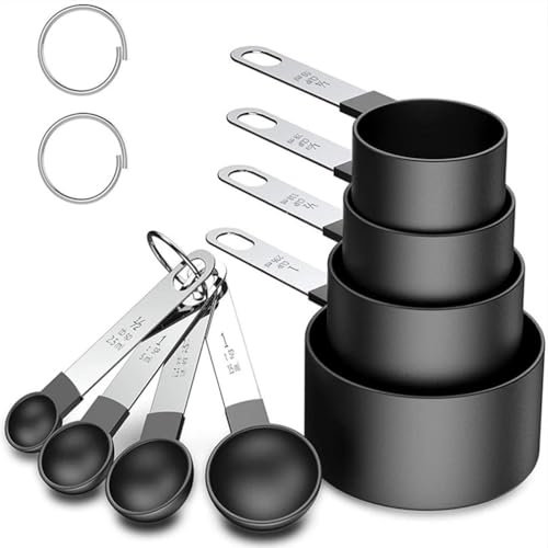 8 Piece Measuring Cups and Spoon Set Stackable Stainless Steel Handle for Measuring Dry and Liquid Ingredients for Kitchen (Black)