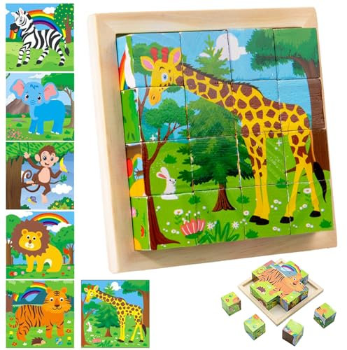 YCHYAN Würfelpuzzle Holz für Kinder, Holzwürfel Puzzle, 3D Bilderwürfel Puzzlespiele, 6 in 1 Tier Muster, Holzspielzeug ab 2 Jahre, Geburtstagsgeschenke, Geeignet für 1-3 Jahre