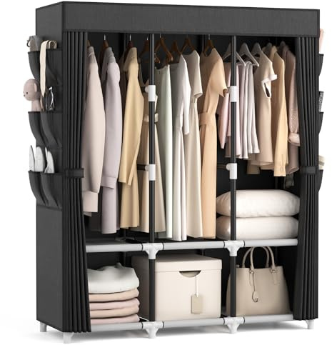 VTRIN Portable Closet Wardrobe for Hanging Clothes Closet with Cover, 3 Hanging rods, 6 Storage Shelves and Side Pocket, Diameter 19mm Metal Pipe, Sturdy Free Standing Closet for Bedroom, Black