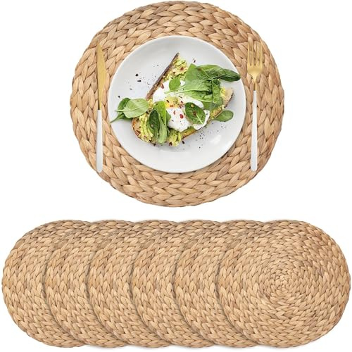 Lot de 6 Sets de Table en Hyacinthe d'eau, Sets de Table Rond en Osier Naturel pour Table à Manger (38 cm)