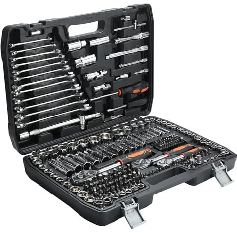 Pamatio Steckschlüsselsatz, 216 tlg, 1/2+1/4+3/8 Zoll Steckschlüssel-Satz, CR-V, Ratschenkoffer I Werkzeugkoffer gefüllt I Knarrenkasten I Ratschenkasten I Ratschen, Steckschlüssel und Bitsatz