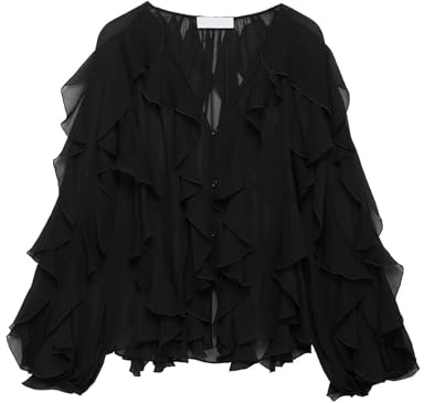 Shiyifa Blusa transparente con volantes para mujer, cuello en V, gasa transparente con volantes, tops de verano para salir, Negro -, M